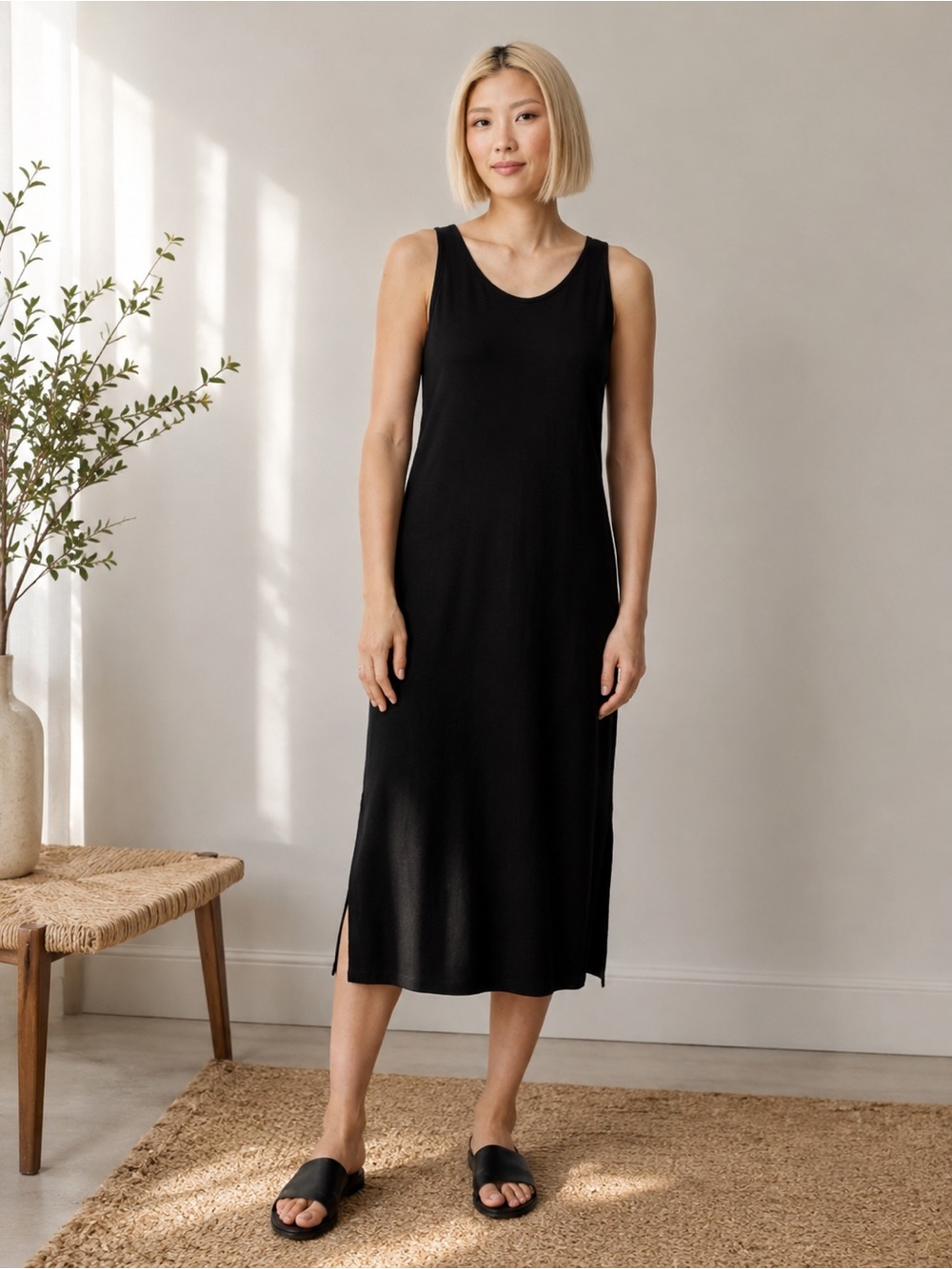 Eileen Fisher Silk Jersey Midi Dress Black Size Small